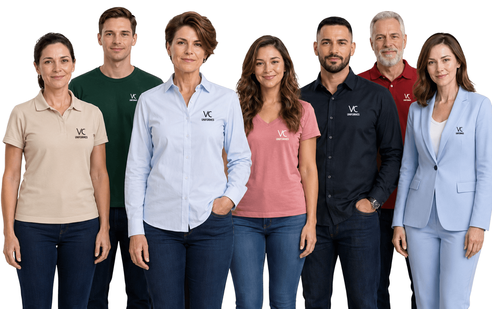 Equipe usando diferentes uniformes profissionais da VC Uniformes